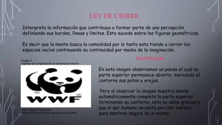 LEY DE CIERRE
Interpreta la información que contribuya a formar parte de una percepción
definiendo sus bordes, líneas y limites. Esto sucede sobre las figuras geométricas,
Es decir que la mente busca la comodidad por lo tanto esta tiende a cerrar los
espacios vacíos continuando su continuidad por medio de la imaginación.
Imagen 3
Logotipo de la organización de conservación natural
Nota: Imagen Tomada de
https://blubber.es/blog/logotipos-leyes-gestalt
Justificación
En esta imagen observamos un panda el cual su
parte superior permanece abierta marcando el
contorno sus patas y orejas.
Pero al observar la imagen nuestra mente
automáticamente completa la parte superior
terminando su contorno, esto se debe gracias a
que el ser humano necesita percibir bordes
para sentirse seguro de si mismo.
 