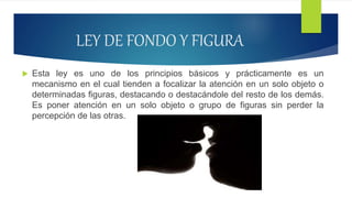 LEY DE FONDO Y FIGURA
 Esta ley es uno de los principios básicos y prácticamente es un
mecanismo en el cual tienden a focalizar la atención en un solo objeto o
determinadas figuras, destacando o destacándole del resto de los demás.
Es poner atención en un solo objeto o grupo de figuras sin perder la
percepción de las otras.
 