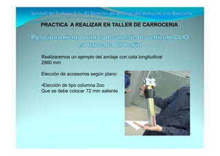 PRACTICA A REALIZAR EN TALLER DE CARROCERIA




Realizaremos un ejemplo del anclaje con cota longitudinal
2860 mm

Elección de accesorios según plano:

•Elección de tipo columna 2oo
Que se debe colocar 72 mm saliente
 