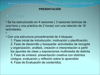 PRESENTACIÓN Se ha estructurado en 4 sesiones ( 3 sesiones teóricas de una hora y una práctica de 2 horas) con una relación de 16 actividades. Con una estructura procedimental de 4 bloques: 1. Fase inicial de introducción, motivación y planificación.  2. Fase de desarrollo y búsqueda: actividades de recogida y organización, análisis, creación e interpretación a partir los apuntes de clase y exposiciones multimedia de distinta  3. Fase de síntesis: presentación creativa con distintos códigos; evaluación y reflexión sobre lo aprendido 4. Fase de Evaluación de contenidos.  