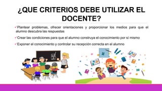 ¿QUE CRITERIOS DEBE UTILIZAR EL
DOCENTE?
Plantear problemas, ofrecer orientaciones y proporcionar los medios para que el
alumno descubra las respuestas
Crear las condiciones para que el alumno construya el conocimiento por sí mismo
Exponer el conocimiento y controlar su recepción correcta en el alumno
 