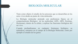 BIOLOGÍA MOLECULAR
Tiene como objeto el estudio de los procesos que se desarrollan en los
seres vivos desde un punto de vista molecular.
La Biología molecular pretende con preferencia fijarse en el
comportamiento Biológico de las moléculas( ADN, ARN, Enzimas,
Hormonas), dentro de la célula y explicar las funciones biológicas del
ser vivo.
Cuando profundizamos en cualquier fenómeno biológico, su
naturaleza, entramos en el campo de la Biología Molecular, como por
ejemplo el estudio de los genes.
 