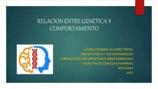 RELACION ENTRE GENETICA Y
COMPORTAMIENTO
LAURA XIOMARA ALVAREZ TENZA
PRESENTADO A : OSCAR RODRIGUEZ
CORPORACION UNIVERSITARIA IBEROAMERICANA
FACULTAD DE CIENCIAS HUMANAS
BIOLOGIA
2021
 