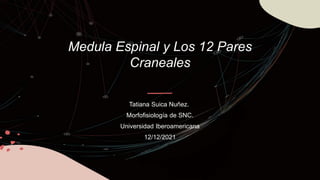 Medula Espinal y Los 12 Pares
Craneales
Tatiana Suica Nuñez.
Morfofisiología de SNC.
Universidad Iberoamericana
12/12/2021
 