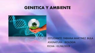 GENETICA Y AMBIENTE
ESTUDIANTE: FABIANA MARTINEZ BULA
ASIGNATURA : BIOLOGIA
FECHA : 02/06/2019
 