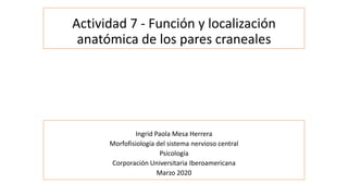 Actividad 7 - Función y localización
anatómica de los pares craneales
Ingrid Paola Mesa Herrera
Morfofisiología del sistema nervioso central
Psicología
Corporación Universitaria Iberoamericana
Marzo 2020
 