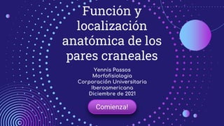 Función y
localización
anatómica de los
pares craneales
Comienza!
Yennis Passos
Morfofisiologia
Corporación Universitaria
Iberoamericana
Diciembre de 2021
 