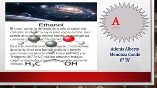 AEl etanol, uno de los derivados de la caña de azúcar más
conocidos, se encuentra hoy en pleno apogeo en Cuba, pues
además de su uso para elaborar bebidas, se investigan sus
cualidades como combustible alternativo.
En efecto, mientras en el archipiélago se utilizan decenas
de miles de litros para fabricar alcoholes y también
aguardientes, los Ministerios del Azúcar (MINAZ) y del
Transporte (MITRANS) realizan estudios y trabajos
conjuntos destinados a desarrollar su empleo para mover
vehículos.
Adonis Alberto
Mendoza Conde
6° “A”
 
