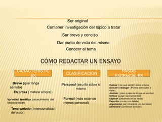 Ser original
                             Contener investigación del tópico a tratar
                                        Ser breve y conciso
                                      Dar punto de vista del mismo
                                           Conocer el tema


                        CÓMO REDACTAR UN ENSAYO
       CARACTERÍSTIC                                                         PASOS
                                           CLASIFICACIÓN
            AS                                                            ESCENCIALES
   Breve (que tenga                     Personal (escrito sobre si   Evaluar ( por qué escribir sobre el tema
 sentido)                                       mismo                Discutir o dialogar ( Puntos esenciales a
                                                                     tratar)
    En prosa ( matizar el texto)                                     Analizar ( paso a paso de lo que se escribe)
                                                                     Criticar (juzgar razonamientos)
Variedad temática (conocimiento del      Formal (más extenso         Explicar (Desarrollo de las ideas)
                                                                     Describir (contar con detalle)
tópico a tratar)                         menos personal)             Argumentar (ser coherente con las ideas)
                                                                     Demostrar (convencer al lector)
  Tono variado ( intencionalidad
  del autor)
 
