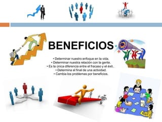 BENEFICIOS
     • Determinar nuestro enfoque en la vida.
   • Determinar nuestra relación con la gente.
• Es la única diferencia entre el fracaso y el éxito.
        • Determina el final de una actividad.
      • Cambia los problemas por beneficios.
 