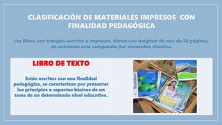 CLASIFICACIÓN DE MATERIALES IMPRESOS CON
FINALIDAD PEDAGÓGICA
Los libros son trabajos escritos o impresos, tienen una longitud de más de 50 páginas,
en ocasiones esta compuesto por elementos visuales.
LIBRO DE TEXTO
Están escritos con una finalidad
pedagógica, se caracterizan por presentar
los principios o aspectos básicos de un
tema de un determinado nivel educativo.
 