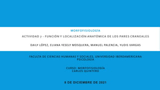 MORFOFISIOLOGÍA
ACTIVIDAD 7 - FUNCIÓN Y LOCALIZACIÓN ANATÓMICA DE LOS PARES CRANEALES
DAILY LÓPEZ, ELIANA YESELY MOSQUERA, MANUEL PALENCIA, YUDIS VARGAS
FACULTA DE CIENCIAS HUMANAS Y SOCIALES, UNIVERSIDAD IBEROAMERICANA
PSICOLOGÍA
CURSO: MORFOFISIOLOGÍA
CARLOS QUINTERO
8 DE DICIEMBRE DE 2021
 