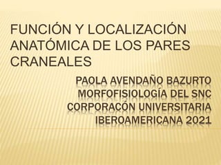 PAOLA AVENDAÑO BAZURTO
MORFOFISIOLOGÍA DEL SNC
CORPORACÓN UNIVERSITARIA
IBEROAMERICANA 2021
FUNCIÓN Y LOCALIZACIÓN
ANATÓMICA DE LOS PARES
CRANEALES
 