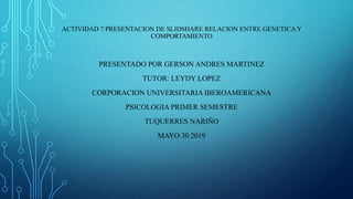 ACTIVIDAD 7 PRESENTACION DE SLIDSHARE RELACION ENTRE GENETICA Y
COMPORTAMIENTO
PRESENTADO POR GERSON ANDRES MARTINEZ
TUTOR: LEYDY LOPEZ
CORPORACION UNIVERSITARIA IBEROAMERICANA
PSICOLOGIA PRIMER SEMESTRE
TUQUERRES NARIÑO
MAYO 30 2019
 
