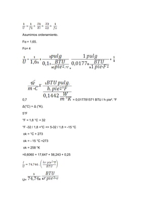 Asumimos ordenamiento.
Fα = 1,65.
Fo= 4
+
0,7 = 0,017781571 BTU / h pie². °F
Δ(°C) = Δ (°K).
5°F
°F = 1,8 °C + 32
°F -32 / 1,8 =°C => 5-32 / 1,8 = -15 °C
ok = °C + 273
ok = - 15 °C +273
ok = 258 °K
=0,6060 + 17,647 + 56,243 + 0,25
U=
 