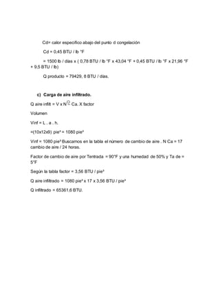 Cd= calor especifico abajo del punto d congelación
Cd = 0,45 BTU / lb °F
= 1500 lb / días x ( 0,78 BTU / lb °F x 43,04 °F + 0,45 BTU / lb °F x 21,96 °F
+ 9,5 BTU / lb)
Q producto = 79429, 8 BTU / días.
c) Carga de aire infiltrado.
Q aire infilt = V x N – Ca. X factor
Volumen
Vinf = L . a . h.
=(10x12x9) pie³ = 1080 pie³
Vinf = 1080 pie³ Buscamos en la tabla el número de cambio de aire . N Ca = 17
cambio de aire / 24 horas.
Factor de cambio de aire por Tentrada = 90°F y una humedad de 50% y Ta de =
5°F
Según la tabla factor = 3,56 BTU / pie³
Q aire infiltrado = 1080 pie³ x 17 x 3,56 BTU / pie³
Q infiltrado = 65361,6 BTU.
 