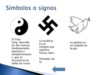 El Ying-
                   La esváltica
Yang describe                       La paloma es
                   es un
las dos fuerzas                     un símbolo de
                   símbolo que
fundamentales                       la paz
                   significa
opuestas y
                   fuerza, bien,
complementaria
s, que se
                   felicidad, éxi
encuentran en
                   to.
todas las cosas.
 