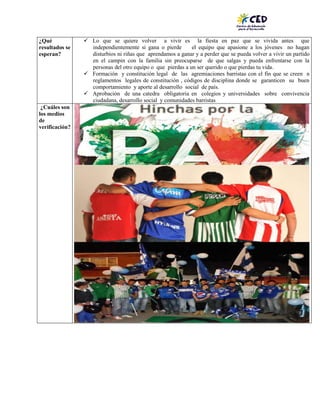 ¿Qué
resultados se
esperan?

¿Cuáles son
los medios
de
verificación?

 Lo que se quiere volver a vivir es la fiesta en paz que se vivida antes que
independientemente si gana o pierde
el equipo que apasione a los jóvenes no hagan
disturbios ni riñas que aprendamos a ganar y a perder que se pueda volver a vivir un partido
en el campin con la familia sin preocuparse de que salgas y pueda enfrentarse con la
personas del otro equipo o que pierdas a un ser querido o que pierdas tu vida.
 Formación y constitución legal de las agremiaciones barristas con el fin que se creen n
reglamentos legales de constitución , códigos de disciplina donde se garanticen su buen
comportamiento y aporte al desarrollo social de país.
 Aprobación de una catedra obligatoria en colegios y universidades sobre convivencia
ciudadana, desarrollo social y comunidades barristas

 