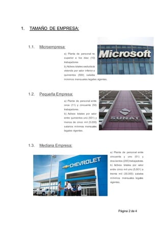 Pàgina 2 de 4
1. TAMAÑO DE EMPRESA:
1.1. Microempresa:
a) Planta de personal no
superior a los diez (10)
trabajadores
b) Activos totales excluida la
vivienda por valor inferior a
quinientos (500) salarios
mínimos mensuales legales vigentes.
1.2. Pequeña Empresa:
a) Planta de personal entre
once (11) y cincuenta (50)
trabajadores.
b) Activos totales por valor
entre quinientos uno (501) y
menos de cinco mil (5.000)
salarios mínimos mensuales
legales vigentes.
1.3. Mediana Empresa:
a) Planta de personal entre
cincuenta y uno (51) y
doscientos (200) trabajadores.
b) Activos totales por valor
entre cinco mil uno (5.001) a
treinta mil (30.000) salarios
mínimos mensuales legales
vigentes.
 