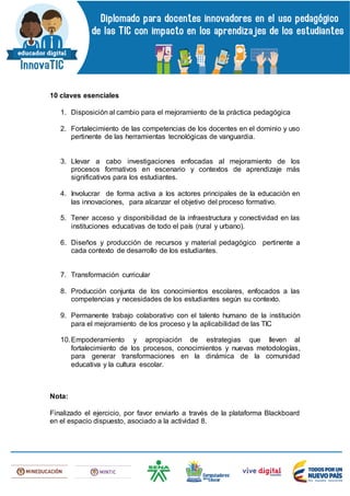 10 claves esenciales
1. Disposición al cambio para el mejoramiento de la práctica pedagógica
2. Fortalecimiento de las competencias de los docentes en el dominio y uso
pertinente de las herramientas tecnológicas de vanguardia.
3. Llevar a cabo investigaciones enfocadas al mejoramiento de los
procesos formativos en escenario y contextos de aprendizaje más
significativos para los estudiantes.
4. Involucrar de forma activa a los actores principales de la educación en
las innovaciones, para alcanzar el objetivo del proceso formativo.
5. Tener acceso y disponibilidad de la infraestructura y conectividad en las
instituciones educativas de todo el país (rural y urbano).
6. Diseños y producción de recursos y material pedagógico pertinente a
cada contexto de desarrollo de los estudiantes.
7. Transformación curricular
8. Producción conjunta de los conocimientos escolares, enfocados a las
competencias y necesidades de los estudiantes según su contexto.
9. Permanente trabajo colaborativo con el talento humano de la institución
para el mejoramiento de los proceso y la aplicabilidad de las TIC
10.Empoderamiento y apropiación de estrategias que lleven al
fortalecimiento de los procesos, conocimientos y nuevas metodologías,
para generar transformaciones en la dinámica de la comunidad
educativa y la cultura escolar.
Nota:
Finalizado el ejercicio, por favor enviarlo a través de la plataforma Blackboard
en el espacio dispuesto, asociado a la actividad 8.
 