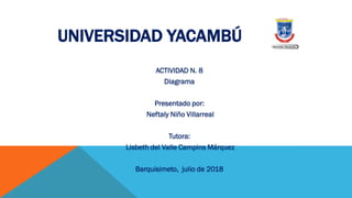 UNIVERSIDAD YACAMBÚ
ACTIVIDAD N. 8
Diagrama
Presentado por:
Neftaly Niño Villarreal
Tutora:
Lisbeth del Valle Campins Márquez
Barquisimeto, julio de 2018
 