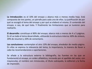 La Introducción: es el 10% del ensayo y abarca más o menos media hoja. Está compuesta de tres partes, un párrafo para cada una de ellas. La justificación de por qué se escogió el tema del ensayo y por qué se elaboró el mismo. El contenido del ensayo, o sea, de qué trata. Y finalmente las limitaciones que se tuvieron para realizarlo.El desarrollo: constituye el 80% del ensayo; abarca más o menos de 4 a 5 páginas. En él va todo el tema desarrollado, utilizando la estructura interna: 60% de síntesis, 20% de resumen y 20% de comentario.Las conclusiones: contemplan el otro 10% del ensayo, alrededor de media página. En ellas se expresa la relevancia del tema, la importancia, la manera de llevar a cabo las recomendaciones o aportaciones. Se añade a la estructura externa la bibliografía, las fuentes en las que se fundamentó el ensayo, en orden alfabético, iniciando por el apellido del autor, con mayúsculas, el nombre con minúsculas, el título subrayado, la editorial y la fecha de impresión.
