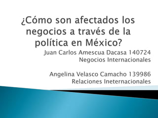 ¿Cómo son afectados los negocios a través de la política en México?  Juan Carlos AmescuaDacasa 140724  Negocios Internacionales Angelina Velasco Camacho 139986  Relaciones Ineternacionales 
