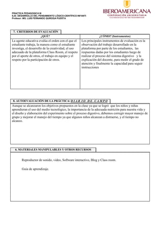 PRACTICA PEDAGOGICA III
EJE: DESARROLLO DEL PENSAMIENTO LÓGICO-CIENTÍFICO INFANTI
Profesor: MG. LUIS FERNANDO QUIROGA PUERTA
7. CRITERIOS DE EVALUACIÓN
¿QUÉ? ¿CÓMO? (Instrumentos)
La agente educativa evalúa el orden con el que el
estudiante trabaja, la manera como el estudiante
investiga, el desarrollo de la creatividad, el uso
adecuado de la plataforma Class Room, el respeto
por el aporte de otros, el trabajo en equipo y el
respeto por la participación de otros.
Los principales instrumentos de evaluación es la
observación del trabajo desarrollado en la
plataforma por parte de los estudiantes, las
respuestas dadas por los estudiantes luego de
realizar el proceso del sistema digestivo y la
explicación del docente, para medir el grado de
atención y finalmente la capacidad para seguir
instrucciones
8. AUTOEVALUACIÓN DE LA PRÁCTICA/ D I A R I O D E C A M P O
Aunque se alcanzaron los objetivos propuestos en la clase ya que se logró que los niños y niñas
aprendieran el uso del medio tecnológico, la importancia de la adecuada nutrición para nuestra vida y
el diseño y elaboración del experimento sobre el proceso digestivo, debemos corregir mayor manejo de
grupo y mejorar el manejo del tiempo ya que algunos niños alcanzan a distraerse, y el tiempo no
alcanzo.
6. MATERIALES MANIPULABLES Y OTROS RECURSOS
Reproductor de sonido, video, Software interactivo, Blog y Class room.
Guia de aprendizaje.
 
