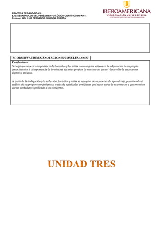 PRACTICA PEDAGOGICA III
EJE: DESARROLLO DEL PENSAMIENTO LÓGICO-CIENTÍFICO INFANTI
Profesor: MG. LUIS FERNANDO QUIROGA PUERTA
9. OBSERVACIONES/ANOTACIONES/CONCLUSIONES
Conclusiones
Se logró reconocer la importancia de los niños y las niñas como sujetos activos en la adquisición de su propio
conocimiento y la importancia de involucrar acciones propias de su contexto para el desarrollo de un proceso
digestivo en casa.
A partir de la indagación y la reflexión, los niños y niñas se apropian de su proceso de aprendizaje, permitiendo el
análisis de su propio conocimiento a través de actividades cotidianas que hacen parte de su contexto y que permiten
dar un verdadero significado a los conceptos.
 