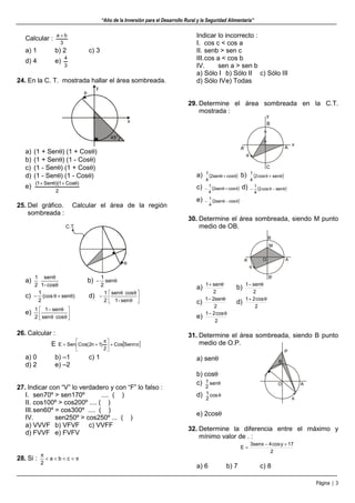 “Año de la Inversión para el Desarrollo Rural y la Seguridad Alimentaria”
Página | 3
Calcular :
3
b
a +
a) 1 b) 2 c) 3
d) 4 e)
3
4
24. En la C. T. mostrada hallar el área sombreada.
y
x
θ
45°
a) (1 + Senθ) (1 + Cosθ)
b) (1 + Senθ) (1 - Cosθ)
c) (1 - Senθ) (1 + Cosθ)
d) (1 - Senθ) (1 - Cosθ)
e)
2
)
Cos
1
)(
Sen
1
( θ
+
θ
+
25. Del gráfico. Calcular el área de la región
sombreada :
C.T.
θ
a)
θ
θ
cos
-
1
sen
2
1
b) θ
− sen
2
1
c) )
sen
(cos
2
1
θ
+
θ
− d) 





θ
θ
θ
−
sen
-
1
cos
sen
2
1
e) 





θ
θ
θ
−
cos
sen
sen
1
2
1
26. Calcular :
E [ ]
π
+





 π
+
= Senn
Cos
2
)
1
n
2
(
Cos
Sen
E
a) 0 b) –1 c) 1
d) 2 e) –2
27. Indicar con “V” lo verdadero y con “F” lo falso :
I. sen70º > sen170º .... ( )
II. cos100º > cos200º .... ( )
III.sen60º = cos300º .... ( )
IV. sen250º > cos250º ... ( )
a) VVVF b) VFVF c) VVFF
d) FVVF e) FVFV
28. Si : π
<
<
<
<
π
c
b
a
2
Indicar lo incorrecto :
I. cos c < cos a
II. senb > sen c
III.cos a < cos b
IV. sen a > sen b
a) Sólo I b) Sólo II c) Sólo III
d) Sólo IVe) Todas
29. Determine el área sombreada en la C.T.
mostrada :
A’
B
A
C
x
θ
y
a) ( )
θ
+
θ cos
sen
2
4
1
b) ( )
θ
+
θ sen
cos
2
4
1
c) ( )
θ
+
θ
− cos
sen
2
4
1 d) ( )
θ
−
θ
− sen
cos
2
4
1
e) ( )
θ
−
θ
− cos
sen
2
4
1
30. Determine el área sombreada, siendo M punto
medio de OB.
A’
B
A
θ
O
M
B’
a)
2
sen
1 θ
+
b)
2
sen
1 θ
−
c)
2
sen
2
1 θ
−
d)
2
cos
2
1 θ
+
e)
2
cos
2
1 θ
−
31. Determine el área sombreada, siendo B punto
medio de O.P.
a) senθ
b) cosθ
c) θ
sen
2
1
d) θ
cos
2
1
e) 2cosθ
32. Determine la diferencia entre el máximo y
mínimo valor de . :
2
17
y
cos
4
senx
3
E
+
−
=
a) 6 b) 7 c) 8
B
A
θ
O
P
 