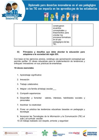 construyeron
acuerdos
conceptuales y
lineamientos para
orientar los
procesos formativos
en el uso
pedagógico de las
TIC.
iii) Principios y desafíos que debe abordar la educación para
adaptarse a la sociedad del siglo XXI.
Con base en los ejercicios previos, construya una aproximación conceptual que
permita perfilar 10 claves educativas para la implementación de tendencias y
enfoques innovadores en sus prácticas de enseñanza:
10 claves esenciales
1. Aprendizaje significativo
2. Innovación
3. Trabajo colaborativo
4. Integrar a la familia al trabajo escolar___
5. Compartir experiencias
6. Desarrollar y fomentar valores, intereses, habilidades sociales y
personales
7. Incentivar la creatividad
8. Poner en práctica las tendencias educativas basadas en pedagogía y
tecnología
9. Incorporar las Tecnologías de la Información y la Comunicación (TIC) al
aula y al currículo escolar.
10.Un trabajo realizado con respeto, armonía y seguridad
 