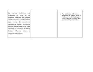 La     memoria      declarativa      está
                                            "La sabiduria es el fenómeno
organizada     en    forma     de    red    emergente de una red, donde los
jerárquica, compuesta por "unidades         nodos son la información y el
                                            conocimiento la conexión" de la
cognitivas" o nodos y eslabones entre       sociedad del conocimiento.
esos      nodos.    El    conocimiento
declarativo es estable y normalmente
inactivo. Sólo los nodos que se hallan
activados en la memoria de trabajo
tendrán      influencia      sobre     el
conocimiento procedural.
 