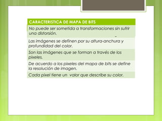 CARACTERISTICA DE MAPA DE BITS 
No puede CARACTERÌSTICAS ser sometida a transformaciones DE MAPA DE BITS 
sin sufrir 
una distorsión. 
Consiste de una estructura de forma rectangular 
Las imágenes se definen por su altura-anchura y 
profundidad del color. 
Son las imágenes que se forman a través de los 
pixeles. 
De acuerdo a los pixeles del mapa de bits se define 
la resolución de imagen. 
Cada pixel tiene un valor que describe su color. 
 