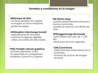 Formatos a considerarse en la imagen 
BMP(mapa de bits): 
-no tiene perdidas de calidad 
-la imagen se forma mediante 
parrilla de pixeles. 
GIF(Graphics interchange format): 
-específicamente sirve para 
comprimir imágenes digitales. 
-utiliza una paleta de 256 colores. 
PNG( Portable network graphics) 
-formato alternativo al GIF. 
-es soportado en navegadores 
modernos como IE 4 o superior. 
PSD (Photo shop) 
-guarda presentaciones-retoques o 
nuevas creaciones. 
-guarda los archivos con 48 bits de 
color. 
TIFF(Tagged image file format): 
-profundidad del color de 1 a 32 
bits. 
-ideal para archivos originales. 
CDR (Corel Draw) 
-Utiliza formulas matemáticas en su 
contenido . 
-formato de archivo de imagen 
vectorial. 
 