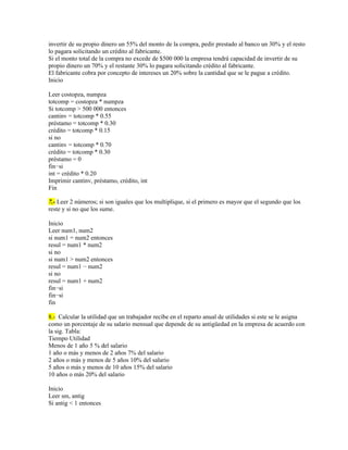 invertir de su propio dinero un 55% del monto de la compra, pedir prestado al banco un 30% y el resto
lo pagara solicitando un crédito al fabricante.
Si el monto total de la compra no excede de $500 000 la empresa tendrá capacidad de invertir de su
propio dinero un 70% y el restante 30% lo pagara solicitando crédito al fabricante.
El fabricante cobra por concepto de intereses un 20% sobre la cantidad que se le pague a crédito.
Inicio

Leer costopza, numpza
totcomp = costopza * numpza
Si totcomp > 500 000 entonces
cantinv = totcomp * 0.55
préstamo = totcomp * 0.30
crédito = totcomp * 0.15
si no
cantinv = totcomp * 0.70
crédito = totcomp * 0.30
préstamo = 0
fin−si
int = crédito * 0.20
Imprimir cantinv, préstamo, crédito, int
Fin

7.- Leer 2 números; si son iguales que los multiplique, si el primero es mayor que el segundo que los
reste y si no que los sume.

Inicio
Leer num1, num2
si num1 = num2 entonces
resul = num1 * num2
si no
si num1 > num2 entonces
resul = num1 − num2
si no
resul = num1 + num2
fin−si
fin−si
fin

8.- Calcular la utilidad que un trabajador recibe en el reparto anual de utilidades si este se le asigna
como un porcentaje de su salario mensual que depende de su antigüedad en la empresa de acuerdo con
la sig. Tabla:
Tiempo Utilidad
Menos de 1 año 5 % del salario
1 año o más y menos de 2 años 7% del salario
2 años o más y menos de 5 años 10% del salario
5 años o más y menos de 10 años 15% del salario
10 años o más 20% del salario

Inicio
Leer sm, antig
Si antig < 1 entonces
 