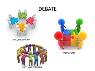 DEBATE
ARGUMENTACIÓN
DISCUSIÓN PLENARIA
PROPUESTAS
 