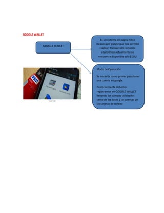 GOOGLE WALLET
GOOGLE WALLET
Es un sistema de pagos móvil
creados por google que nos permite
realizar transacción comercio
electrónico actualmente se
encuentra disponible solo EEUU
Modo de Operación:
Se necesita como primer paso tener
una cuenta en google.
Posteriormente debemos
registrarnos en GOOGLE WALLET
llenando los campos solicitados
tanto de los datos y las cuentas de
las tarjetas de crédito
 