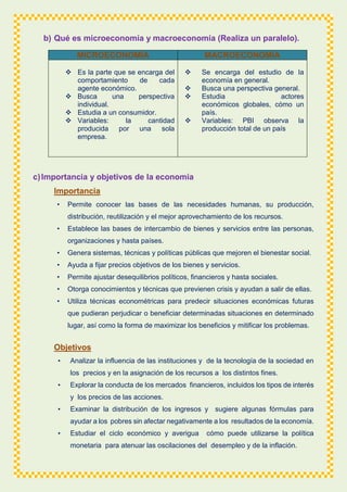 b) Qué es microeconomía y macroeconomía (Realiza un paralelo).
MICROECONOMÍA MACROECONOMÍA
 Es la parte que se encarga del
comportamiento de cada
agente económico.
 Busca una perspectiva
individual.
 Estudia a un consumidor.
 Variables: la cantidad
producida por una sola
empresa.
 Se encarga del estudio de la
economía en general.
 Busca una perspectiva general.
 Estudia actores
económicos globales, cómo un
país.
 Variables: PBI observa la
producción total de un país
c)Importancia y objetivos de la economía
Importancia
• Permite conocer las bases de las necesidades humanas, su producción,
distribución, reutilización y el mejor aprovechamiento de los recursos.
• Establece las bases de intercambio de bienes y servicios entre las personas,
organizaciones y hasta países.
• Genera sistemas, técnicas y políticas públicas que mejoren el bienestar social.
• Ayuda a fijar precios objetivos de los bienes y servicios.
• Permite ajustar desequilibrios políticos, financieros y hasta sociales.
• Otorga conocimientos y técnicas que previenen crisis y ayudan a salir de ellas.
• Utiliza técnicas econométricas para predecir situaciones económicas futuras
que pudieran perjudicar o beneficiar determinadas situaciones en determinado
lugar, así como la forma de maximizar los beneficios y mitificar los problemas.
Objetivos
• Analizar la influencia de las instituciones y de la tecnología de la sociedad en
los precios y en la asignación de los recursos a los distintos fines.
• Explorar la conducta de los mercados financieros, incluidos los tipos de interés
y los precios de las acciones.
• Examinar la distribución de los ingresos y sugiere algunas fórmulas para
ayudar a los pobres sin afectar negativamente a los resultados de la economía.
• Estudiar el ciclo económico y averigua cómo puede utilizarse la política
monetaria para atenuar las oscilaciones del desempleo y de la inflación.
 