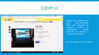 EJEMPLO
ADEMAS DE COMPRAS EN
LINEA MERCADOLIBRE
TIENE UNA SECCION DE
SUBASTA DONDE EL
COMPRADOR PUEDE
OFERTAR SU PRECIO A
CUALQUIER APARATO.
www.mercadolibre.com.ec/subasta
 