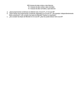 450 moscas de alas cortas y ojos blancos
                              10 moscas de alas cortas y ojos normales
                              10 moscas de alas normales y ojos blancos

a. ¿Qué proporciones numéricas se obtienen ene. Cruce A? ¿Y el cruce B?
b. ¿Qué indican las proporciones numéricas obtenidas en el cruce A? ¿Se heredan independientemente
   estos caracteres? ¿Se cumplen las leyes de Mendel? Explica tu respuesta?
c. ¿Se cumplen las leyes de Mendel en el cruce B? ¿Qué se puede deducir del cruce B?
 