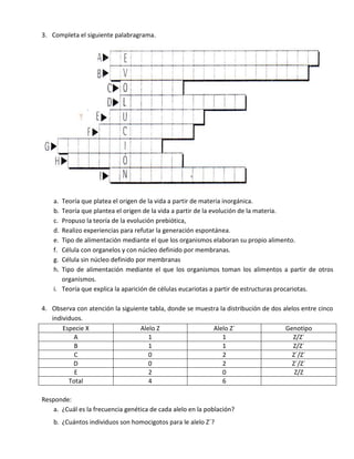 3. Completa el siguiente palabragrama.




    a. Teoría que platea el origen de la vida a partir de materia inorgánica.
    b. Teoría que plantea el origen de la vida a partir de la evolución de la materia.
    c. Propuso la teoría de la evolución prebiótica,
    d. Realizo experiencias para refutar la generación espontánea.
    e. Tipo de alimentación mediante el que los organismos elaboran su propio alimento.
    f. Célula con organelos y con núcleo definido por membranas.
    g. Célula sin núcleo definido por membranas
    h. Tipo de alimentación mediante el que los organismos toman los alimentos a partir de otros
       organismos.
    i. Teoría que explica la aparición de células eucariotas a partir de estructuras procariotas.

4. Observa con atención la siguiente tabla, donde se muestra la distribución de dos alelos entre cinco
   individuos.
       Especie X                  Alelo Z                 Alelo Z´                   Genotipo
           A                         1                        1                         Z/Z´
           B                         1                        1                         Z/Z´
           C                         0                        2                        Z´/Z´
           D                         0                        2                        Z´/Z´
           E                         2                        0                         Z/Z
         Total                       4                        6

Responde:
    a. ¿Cuál es la frecuencia genética de cada alelo en la población?
    b. ¿Cuántos individuos son homocigotos para le alelo Z´?
 
