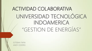 ACTIVIDAD COLABORATIVA
ESTEBAN TAPIA
ANDY CEDEÑO
UNIVERSIDAD TECNOLÓGICA
INDOAMERICA
“GESTION DE ENERGÍAS”
 