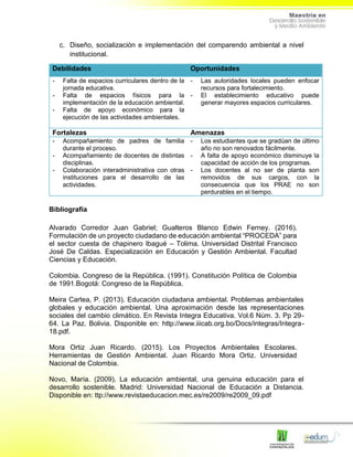 c. Diseño, socialización e implementación del comparendo ambiental a nivel
institucional.
Debilidades Oportunidades
- Falta de espacios curriculares dentro de la
jornada educativa.
- Falta de espacios físicos para la
implementación de la educación ambiental.
- Falta de apoyo económico para la
ejecución de las actividades ambientales.
- Las autoridades locales pueden enfocar
recursos para fortalecimiento.
- El establecimiento educativo puede
generar mayores espacios curriculares.
Fortalezas Amenazas
- Acompañamiento de padres de familia
durante el proceso.
- Acompañamiento de docentes de distintas
disciplinas.
- Colaboración interadministrativa con otras
instituciones para el desarrollo de las
actividades.
- Los estudiantes que se gradúan de último
año no son renovados fácilmente.
- A falta de apoyo económico disminuye la
capacidad de acción de los programas.
- Los docentes al no ser de planta son
removidos de sus cargos, con la
consecuencia que los PRAE no son
perdurables en el tiempo.
Bibliografía
Alvarado Corredor Juan Gabriel; Gualteros Blanco Edwin Ferney. (2016).
Formulación de un proyecto ciudadano de educación ambiental “PROCEDA” para
el sector cuesta de chapinero Ibagué – Tolima. Universidad Distrital Francisco
José De Caldas. Especialización en Educación y Gestión Ambiental. Facultad
Ciencias y Educación.
Colombia. Congreso de la República. (1991). Constitución Política de Colombia
de 1991.Bogotá: Congreso de la República.
Meira Cartea, P. (2013). Educación ciudadana ambiental. Problemas ambientales
globales y educación ambiental. Una aproximación desde las representaciones
sociales del cambio climático. En Revista Integra Educativa. Vol.6 Núm. 3. Pp 29-
64. La Paz. Bolivia. Disponible en: http://www.iiicab.org.bo/Docs/integras/Integra-
18.pdf.
Mora Ortiz Juan Ricardo. (2015). Los Proyectos Ambientales Escolares.
Herramientas de Gestión Ambiental. Juan Ricardo Mora Ortiz. Universidad
Nacional de Colombia.
Novo, María. (2009). La educación ambiental, una genuina educación para el
desarrollo sostenible. Madrid: Universidad Nacional de Educación a Distancia.
Disponible en: ttp://www.revistaeducacion.mec.es/re2009/re2009_09.pdf
 