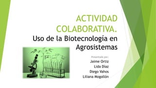 ACTIVIDAD
COLABORATIVA.
Uso de la Biotecnología en
Agrosistemas
Presentado por:
Jaime Ortiz
Lida Díaz
Diego Vahos
Liliana Mogollón
 