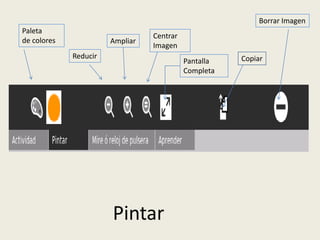 Borrar Imagen
Paleta
                                 Centrar
de colores             Ampliar
                                 Imagen
             Reducir                                  Copiar
                                           Pantalla
                                           Completa




                       Pintar
 