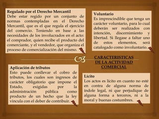 CARACTERISTICAS
DE LA ACTIVIDAD
COMERCIAL
Regulado por el Derecho Mercantil
Debe estar regido por un conjunto de
normas contempladas en el Derecho
Mercantil, que es el que regula el ejercicio
del comercio. Teniendo en base a las
necesidades de los involucrados en el acto:
el comprador, quien recibe el producto del
comerciante, y el vendedor, que organiza el
proceso de comercialización del mismo.
Voluntario
Es imprescindible que tenga un
carácter voluntario, para lo cual
deberán ser realizados con
intención, discernimiento y
libertad. Si llegase a faltar uno
de estos elementos, será
catalogado como involuntario.
Aplicación de tributos
Esto puede conllevar el cobro de
tributos, los cuales son ingresos de
carácter obligatorio que impone el
Estado, exigidas por la
administración pública como
producto de un hecho que la ley
vincula con el deber de contribuir.
Lícito
Los actos es lícito en cuanto no esté
en contra de alguna norma de
índole legal, ni que perjudique de
alguna forma a terceros, ni a la
moral y buenas costumbres.
 
