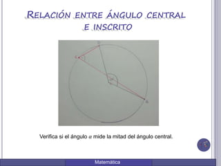 Matemática
RELACIÓN ENTRE ÁNGULO CENTRAL
E INSCRITO
Verifica si el ángulo 𝛼 mide la mitad del ángulo central.
 