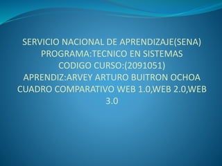 SERVICIO NACIONAL DE APRENDIZAJE(SENA)
PROGRAMA:TECNICO EN SISTEMAS
CODIGO CURSO:(2091051)
APRENDIZ:ARVEY ARTURO BUITRON OCHOA
CUADRO COMPARATIVO WEB 1.0,WEB 2.0,WEB
3.0
 