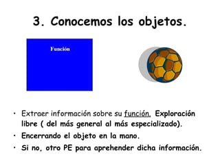 3. Conocemos los objetos. Extraer información sobre su  función.   Exploración libre ( del más general al más especializado). Encerrando el objeto en la mano. Si no, otro PE para aprehender dicha información. 