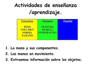 Actividades de enseñanza /aprendizaje. 1. La mano y sus componentes.  2. Las manos en movimiento. 3. Extraemos información sobre los objetos. 